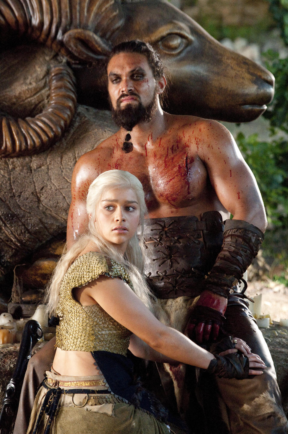 Emilia Clarke as Daenerys, Jason Momoa as Khal Drogo in <i>Game of Thrones</i>. (©2016 Home Box Office, Inc. All rights reserved.)