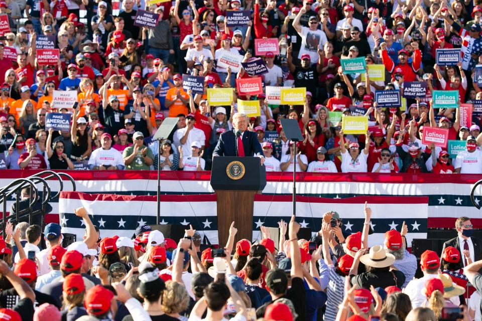 President Donald Trump speaks during a rally at Phoenix Goodyear Airport in Goodyear, Ariz., on Oct. 28, 2020.