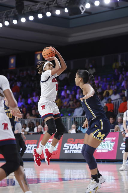 Mississippi's Kennedy Todd-Williams shoots against Michigan during an NCAA college basketball game in the Battle 4 Atlantis at Paradise Island, Bahamas, Monday, Nov. 20, 2023. (Tim Aylen/Bahamas Visual Services via AP)