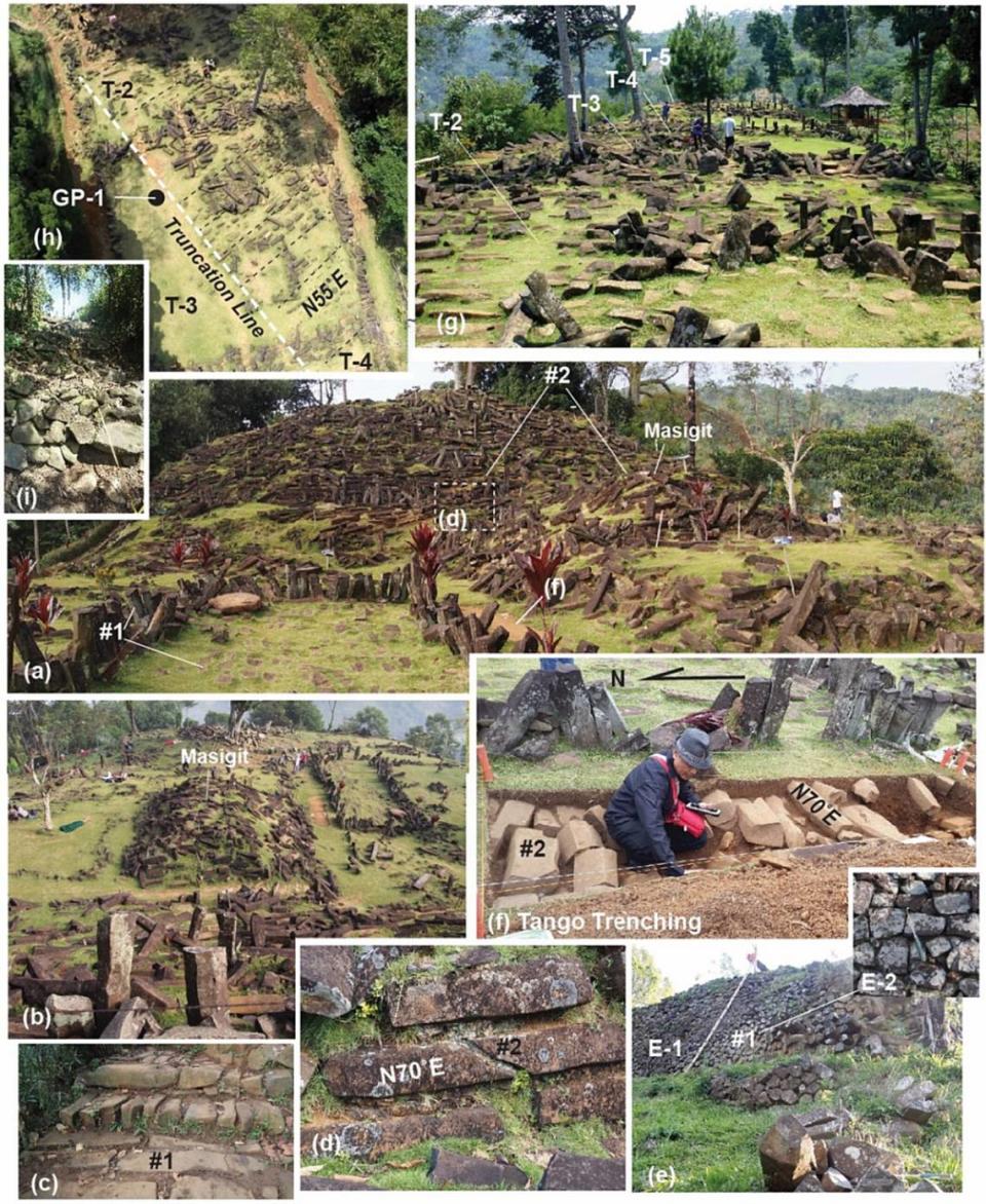 A collage of photos shows the exposed rocks atop Gunung Padang. Photos from Natawidjaja, Bachtiar, Nurhandoko, Akbar, Purajatnika, Daryono, Wardhana, Subandriyo, Krisyunianto, Tagyuddin, Ontowiryo and Maulana (2023)