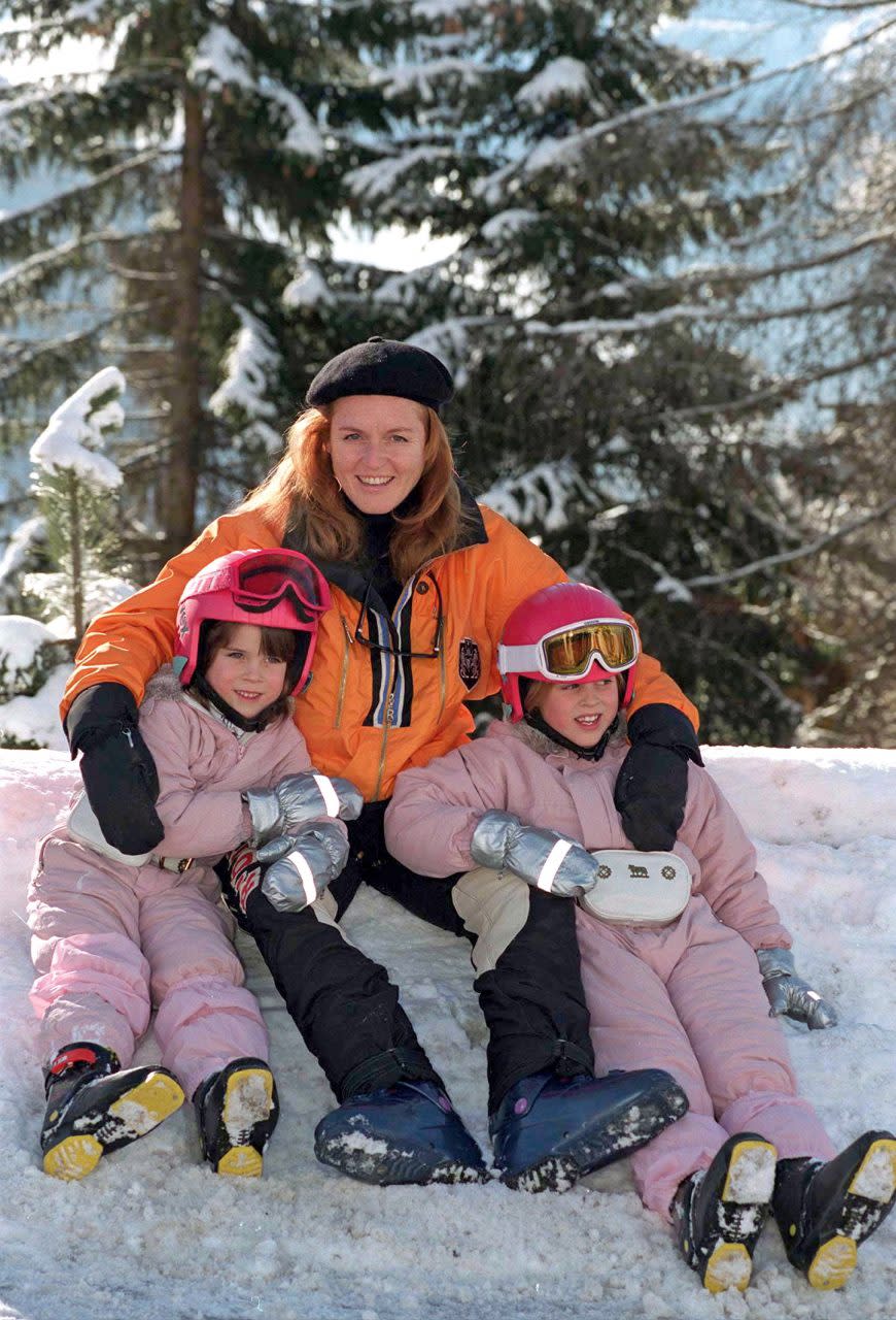 VERBIER, SWITZERLAND - FEBRUARY 16: The Duchess Of York And Her Daughters Princess Beatrice And Princess Eugenie On Skiing Holiday In Verbier, Switzerland. (Photo by Tim Graham Photo Library via Getty Images)