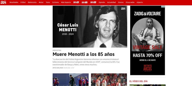 Diario AS de España refleja la muerte de Menotti