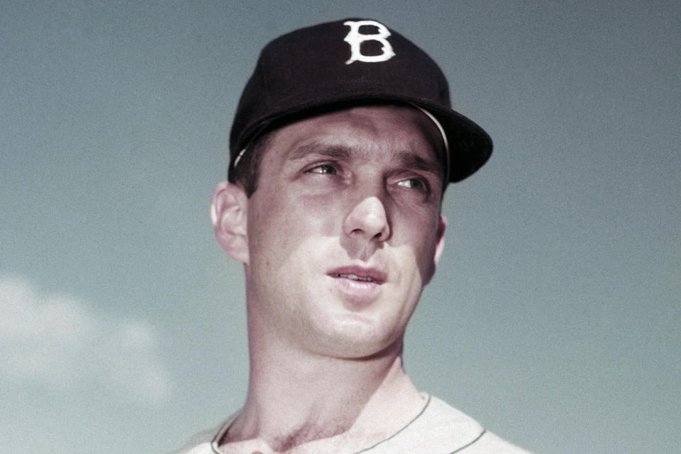 FILE - This is an undated photo showing Brooklyn Dodgers pitcher Carl Erskine. Carl Erskine, who pitched two no-hitters as a mainstay on the Brooklyn Dodgers and was a 20-game winner in 1953 when he struck out a then-record 14 in the World Series, died Tuesday, April 16, 2024, at Community Hospital Anderson in Anderson, Indiana, according to Michele Hockwalt, the hospital’s marketing and communication manager. He was 97. (AP Photo/File)