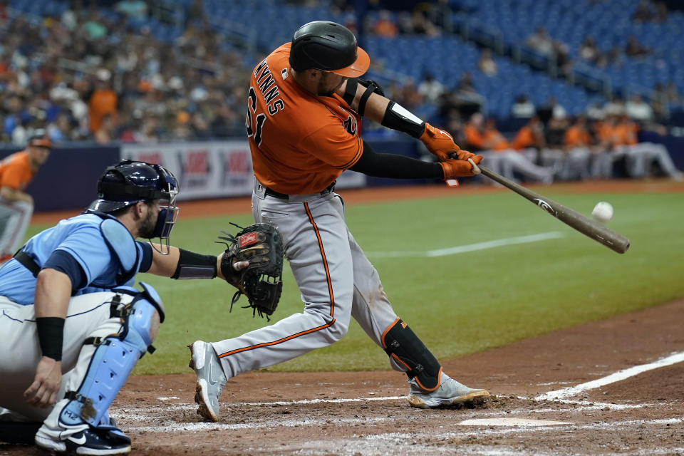 Baltimore Orioles' Austin Wynns (61) connects for a grand slam off Tampa Bay Rays starting pitcher Rich Hill during the fifth inning of a baseball game Saturday, June 12, 2021, in St. Petersburg, Fla. (AP Photo/Chris O'Meara)