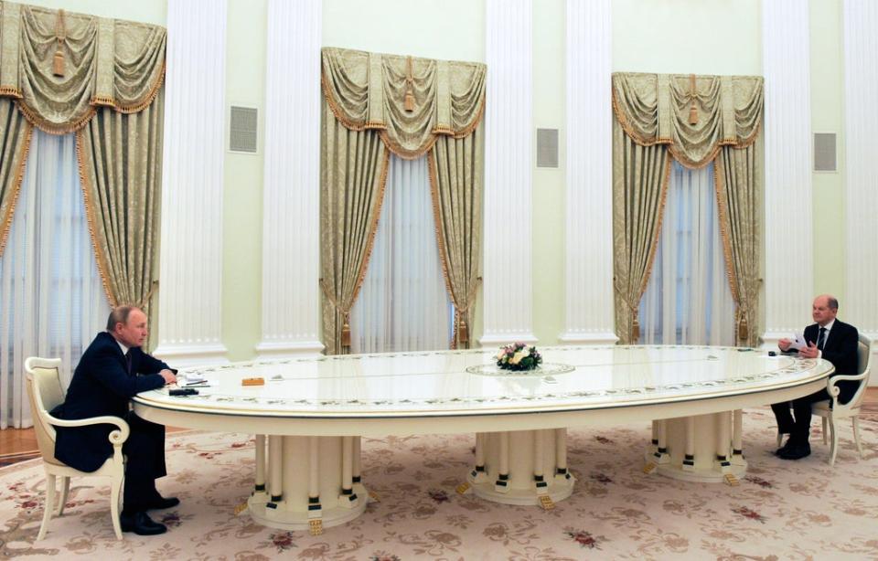 Vladimir Putin and German Chancellor Olaf Scholz hold talks in the Kremlin (Mikhail Klimentyev, Sputnik, Kremlin Pool Photo via AP)