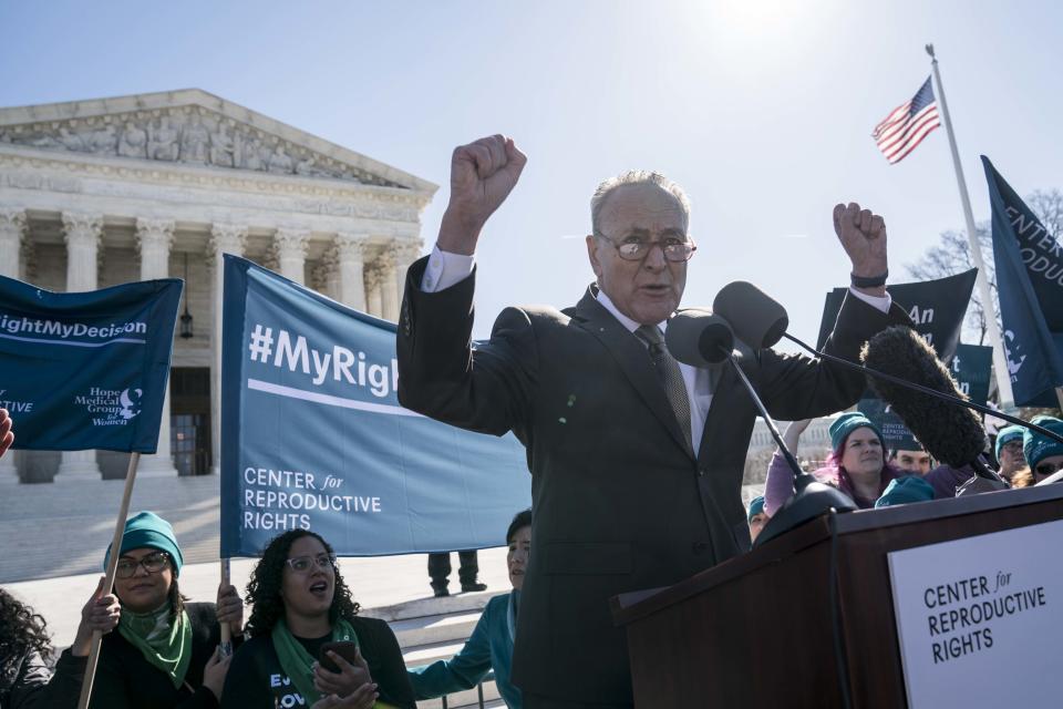 Senate Democratic leader Chuck Schumer addresses an abortion rights rally at the Supreme Court on March 4, 2020.