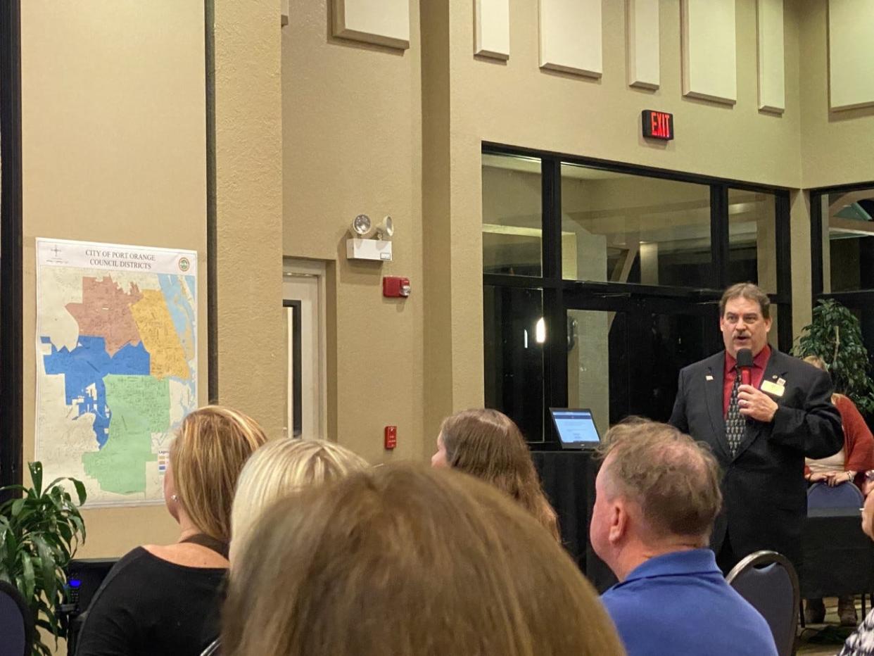 Port Orange Mayor Don Burnette speaks to residents at Lakeside Community Center about recent developments in the city and addresses residents’ concerns for the future as city government prepares strategic plans update. “While we’re planning for the next 5 to 10 years and how that will impact our residents and business community, we want to hear from (residents) first,” Burnette said.