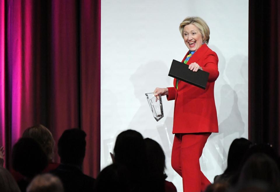Hillary Clinton wore a red pantsuit to the 2017 Girls Inc. New York luncheon in New York City. (Photo: Getty Images)