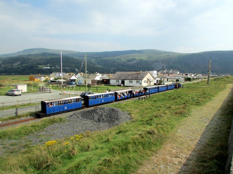 A small blue miniature train travels along a track in front of houses.