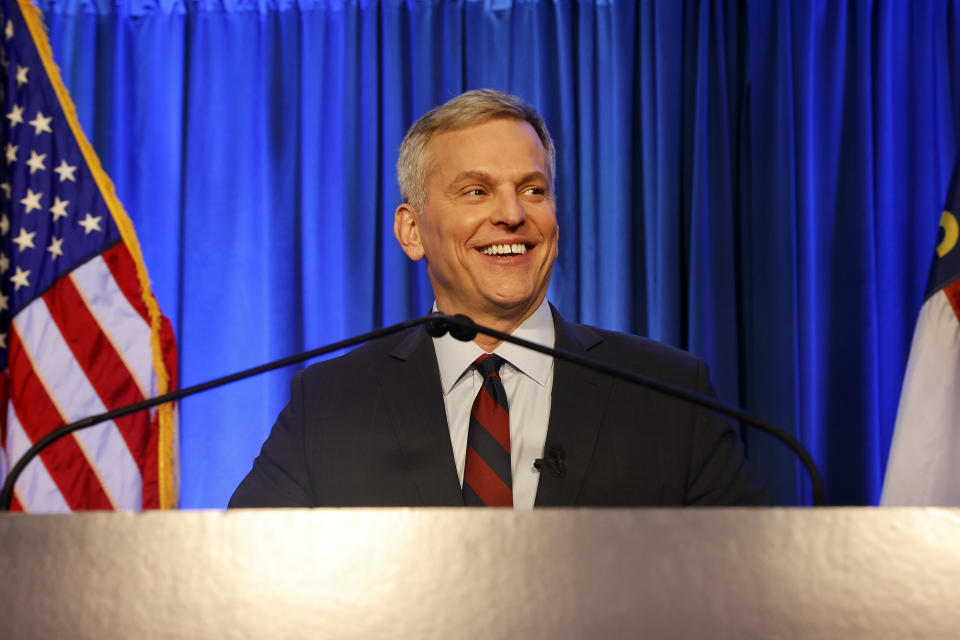 Democratic North Carolina gubernatorial candidate Josh Stein speaks at a primary election night party in Raleigh, N.C., Tuesday, March 5, 2024. Stein and Republican Lt. Gov. Mark Robinson won North Carolina’s primaries for governor. (AP Photo/Karl B DeBlaker)