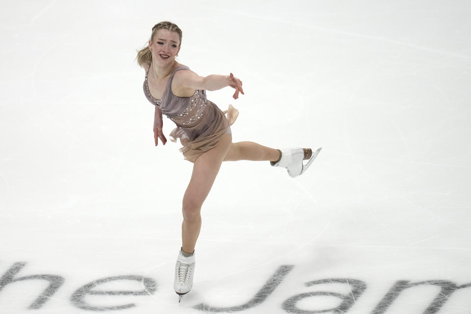 Amber Glenn competes during the women's free skate at the U.S. figure skating championships Friday, Jan. 26, 2024, in Columbus, Ohio. (AP Photo/Sue Ogrocki)