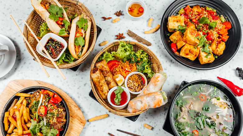 various vietnamese foods in bowls