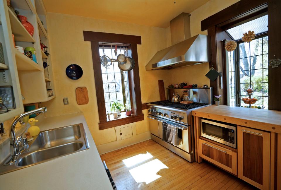 Leaded bay windows and butcher block are some of the main features in Sarah Frecska's kitchen.