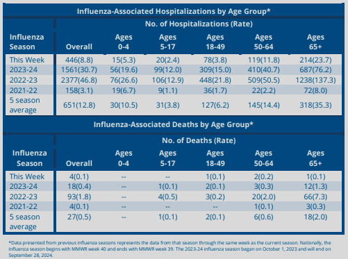 Flu-related hospitalizations and deaths statewide by age groups.