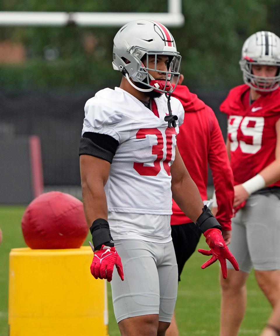 Aug 5, 2022; Columbus, OH, USA; Ohio State Buckeyes linebacker Cody Simon (30) during practice at Woody Hayes Athletic Center in Columbus, Ohio on August 5, 2022.