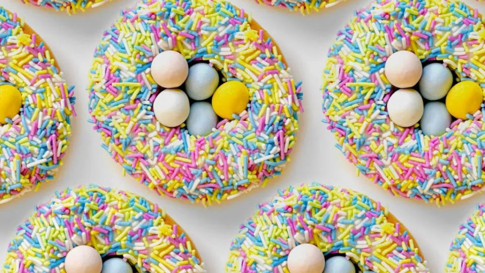 Several Easter nest dream donuts with eggs