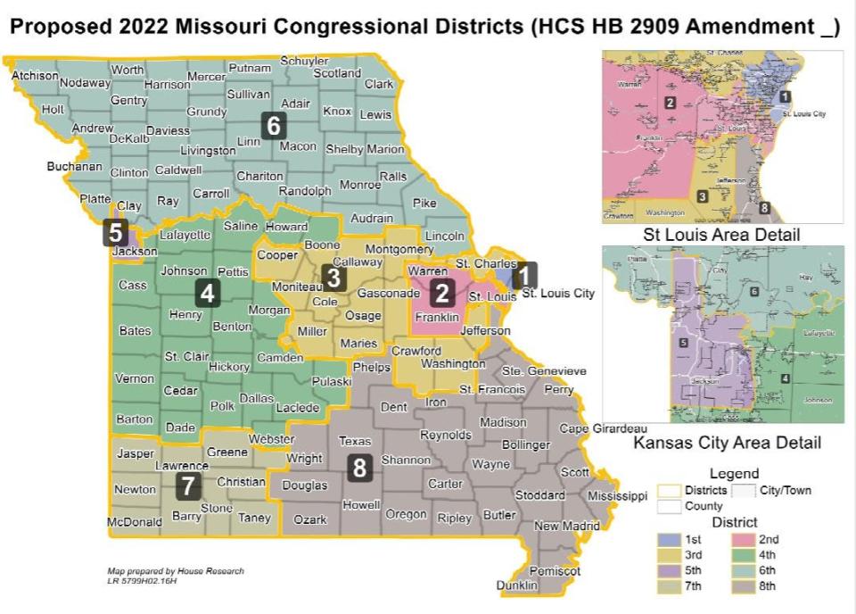 A congressional map given initial approval by the Missouri House on May 9, 2022. It's the latest iteration of new district lines by a legislature that is the last in the U.S. to approve a plan.