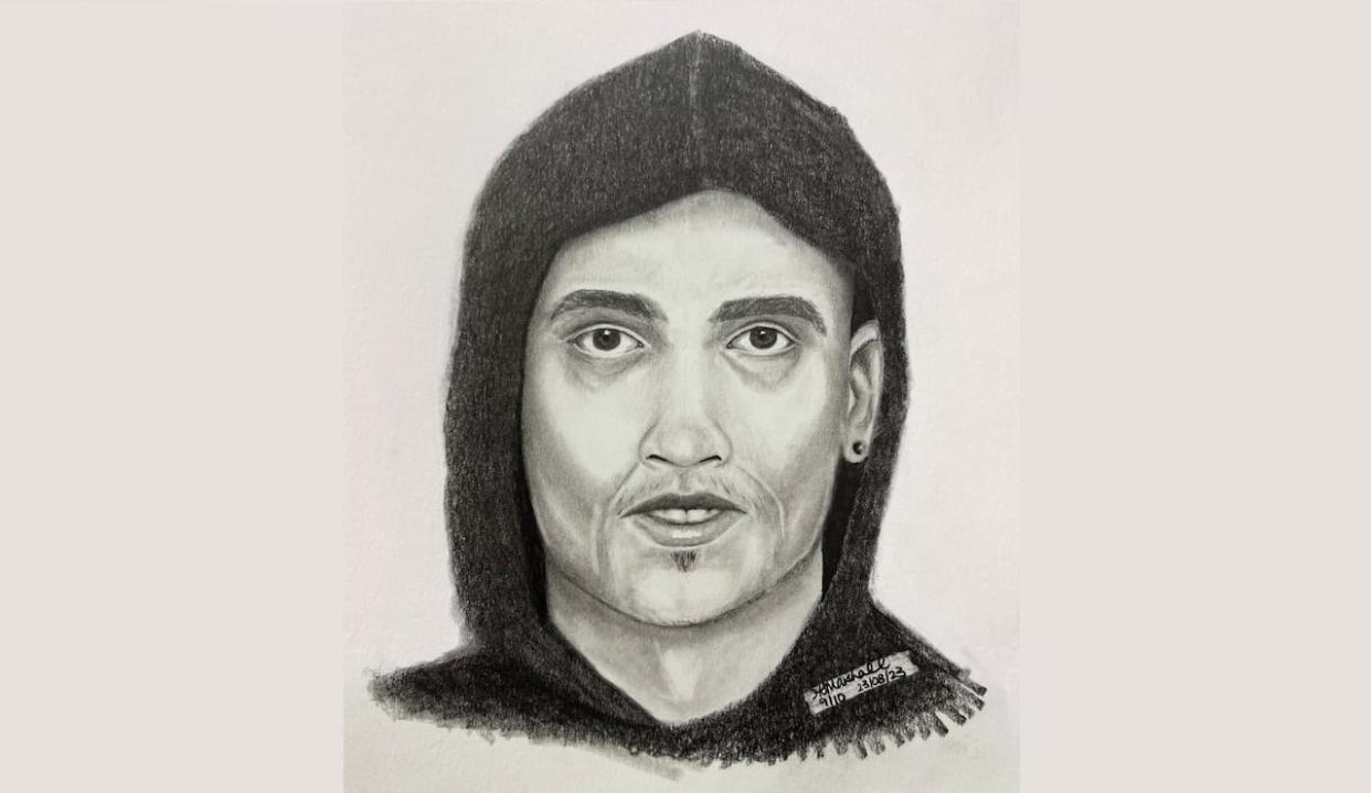 La Ronge RCMP have developed a sketch, shown here, of a man suspected of assaulting a woman in her home in Air Ronge, Sask., last weekend. (Submitted by Saskatchewan RCMP - image credit)