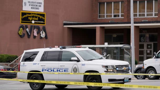 PHOTO: Law enforcement investigate the scene of a shooting at Central Visual and Performing Arts High School, on Oct. 24, 2022, in St. Louis. (Jeff Roberson/AP)