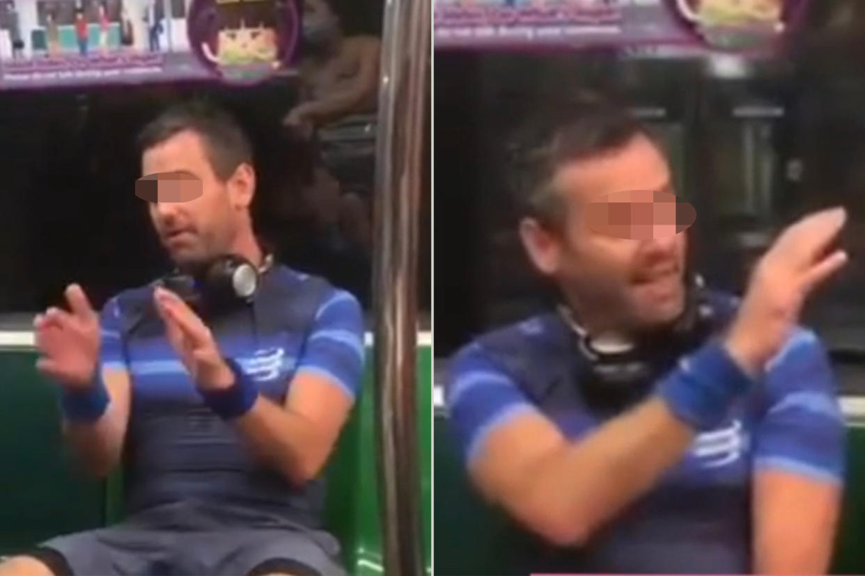 Screengrabs taken from a widely circulated video showing the incident aboard an East-West Line train.