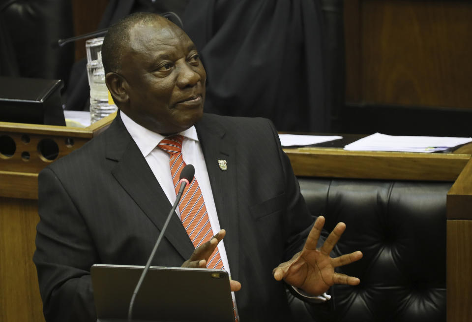 South African President Cyril Ramaphosa delivers his State of the Nation Address in Cape Town, South Africa, Thursday, Feb. 13, 2020. (Sumaya Hisham/Pool Photo via AP)