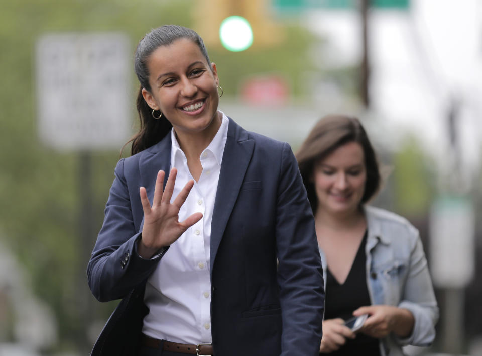 Queens district attorney candidate Tiffany Caban arrives to her polling place in the Queens borough of New York, Tuesday, June 25, 2019. The race for district attorney of the New York City borough of Queens is shaping up as a battle between moderate Democrats and the left wing of the party. The winner will be strongly favored to win a November general election to succeed the late District Attorney Richard Brown. (AP Photo/Seth Wenig)