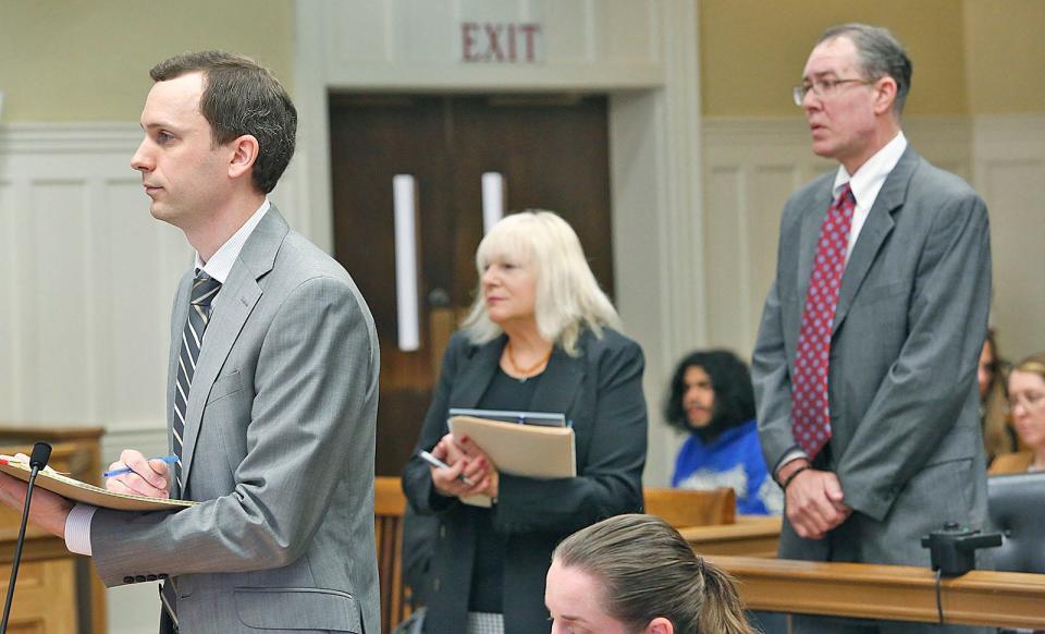 prosecutor David Cutshall and defense lawyer Joan Fund in Brockton Superior Court Monday, April 24, 2023.