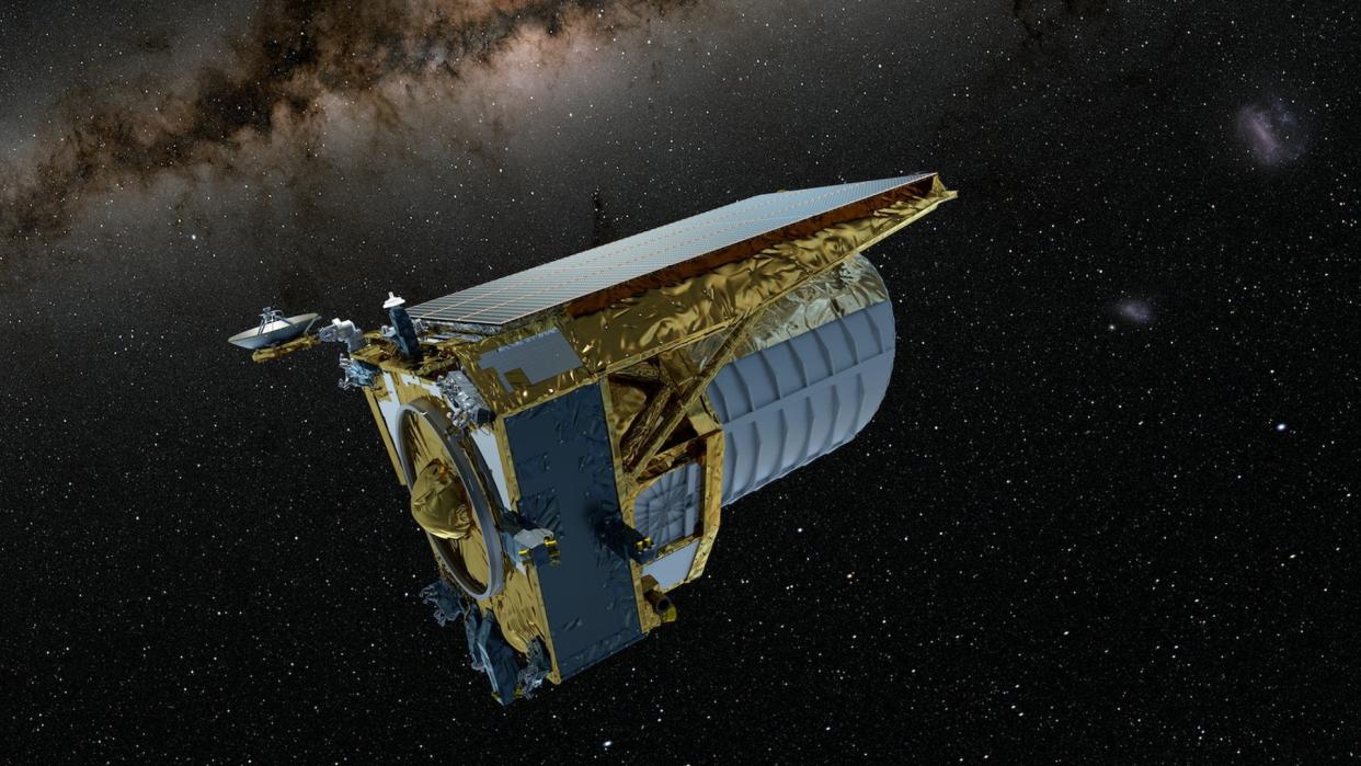  illustration of a spacecraft with milky way in behind and galaxies to the right 