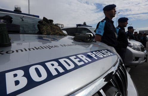 <span class="caption">Frontex officers at the Bulgarian-Turkey border. The agency is due to expand its staff to 10,000 by 2027.</span> <span class="attribution"><span class="source">Orestis Panagiotou/EPA</span></span>