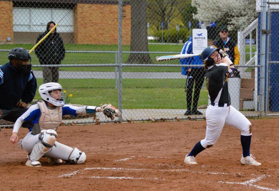 Airport's Kaitlyn Poe smacks a double against Jefferson on Friday, April 21, 2023. Airport won 10-0.