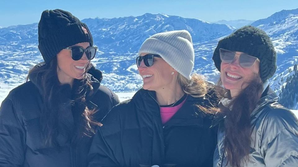 A photo of Meghan Markle skiing with her friends Heather Dorak and  Kelly McKee Zajfen 