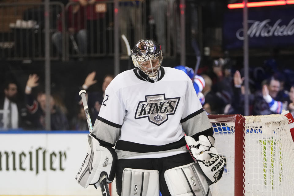 Los Angeles Kings goaltender Jonathan Quick (32) reacts after New York Rangers' Vincent Trocheck scored his second goal of an NHL hockey game, during the second period, Sunday, Feb. 26, 2023, in New York. (AP Photo/Frank Franklin II)