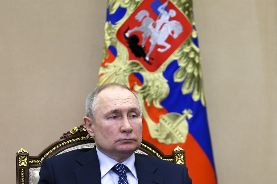 Russian President Vladimir Putin chairs a Security Council meeting in Moscow, Russia, Friday, March 31, 2023. (Alexei Babushkin, Sputnik, Kremlin Pool Photo via AP)