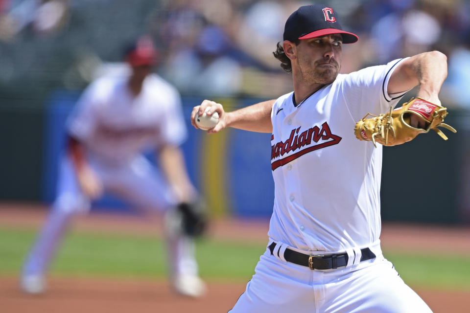 Cleveland Guardians starting pitcher Shane Bieber delivers during the first inning of a baseball game against the Arizona Diamondbacks, Wednesday Aug. 3, 2022, in Cleveland. (AP Photo/David Dermer)