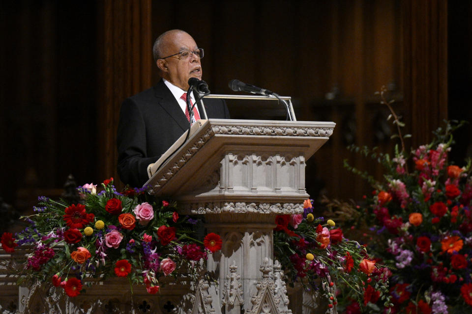 Henry Louis Gates, Jr., speaks at an unveiling and dedication ceremony at the Washington National Cathedral for the new stained-glass windows with a theme of racial justice, Saturday, Sept. 23, 2023, in Washington. (AP Photo/Nick Wass)