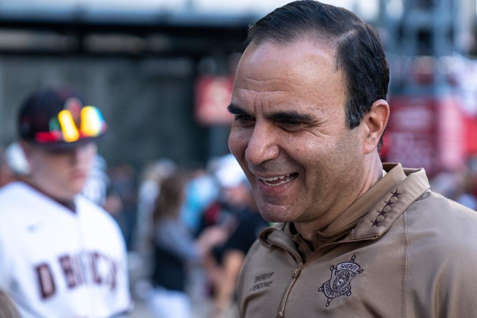 Maricopa County Sheriff Paul Penzone arrive before the start of the MLB World Series Game 5 between the Diamondbacks and the Rangers at Chase Field in Phoenix on Nov. 1, 2023.