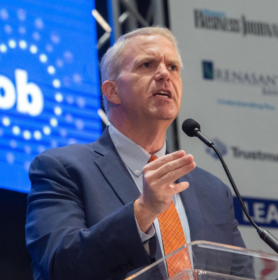 Brandon Presley, the Democratic nominee for governor, addresses attendees of the Mississippi Economic Council 2023 Hobnob at the Mississippi Coliseum in Jackson Miss., Thursday, Oct. 26, 2023.