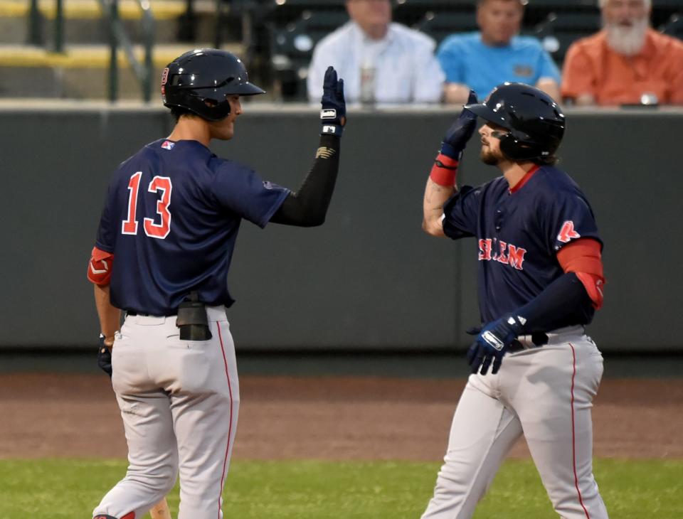 Salem Red Sox Nick Northcut celebrates his homerun with Matthew Lugo (13) in the opening day game against Delmarva Shorebirds Tuesday, May 4, 2021, at Perdue Stadium in Salisbury, Maryland.