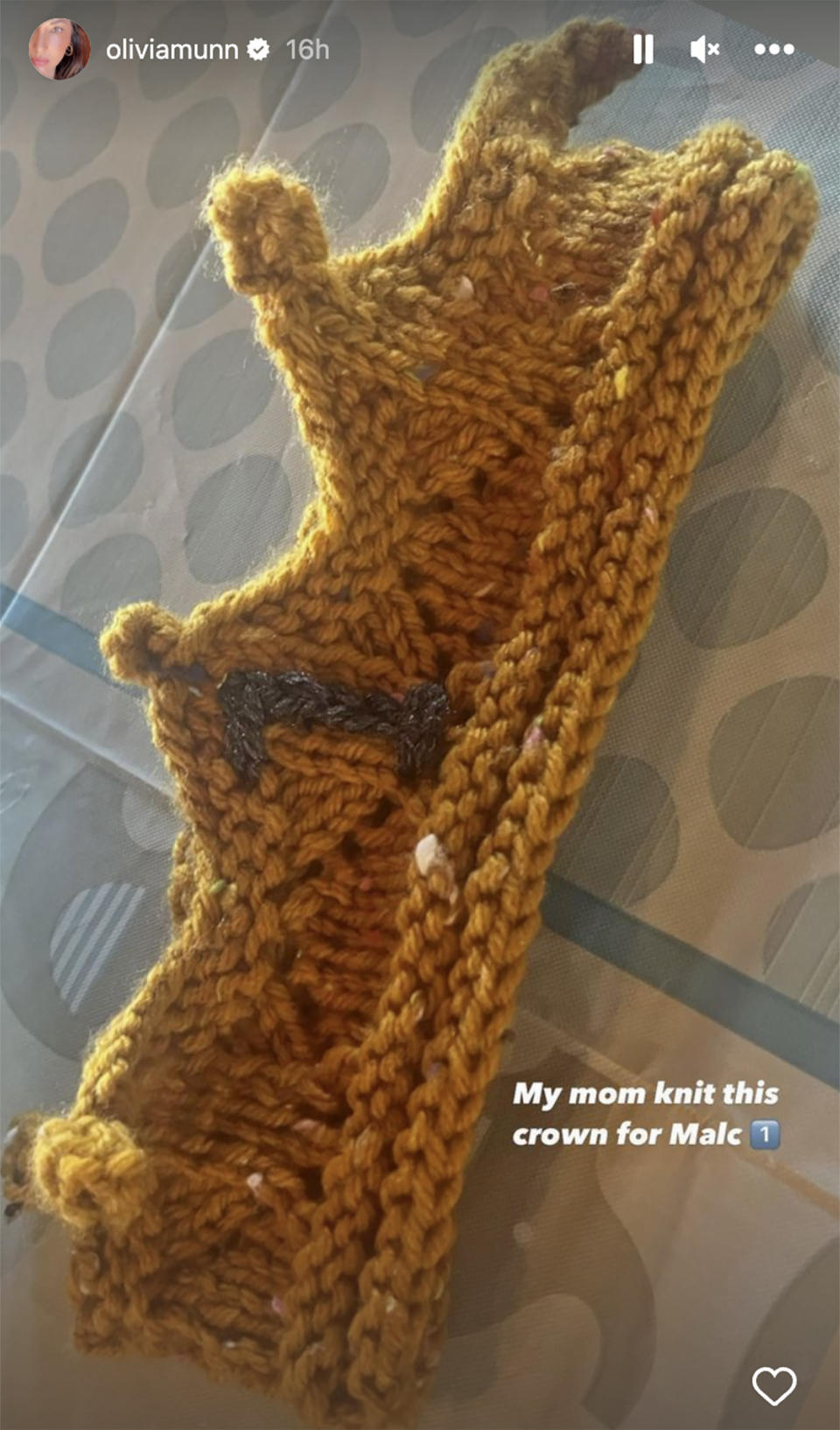 Munn shared on her Instagram stories that Malcolm's crown was knit by his grandma. (@oliviamunn via Instagram)