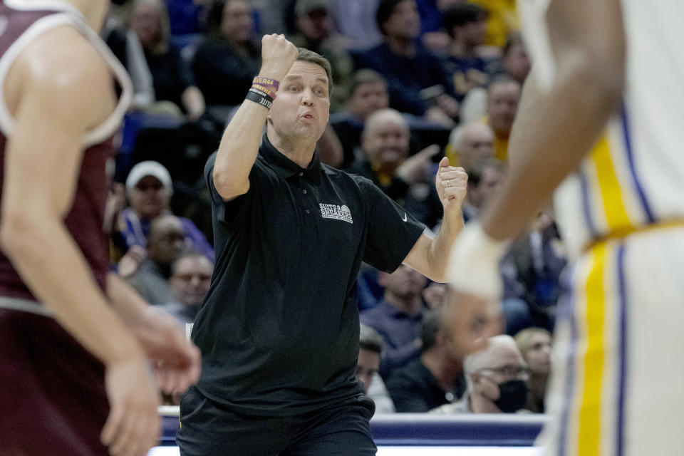 LSU head coach Will Wade reacts during the second half of an NCAA college basketball game against Texas A&M in Baton Rouge, La., Wednesday, Jan. 26, 2022. (AP Photo/Matthew Hinton)