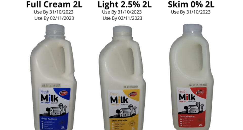 The milk recall of Tempo Food's full cream, light 2.5 per cent and skim zero per cent bottles with set use-by dates. 