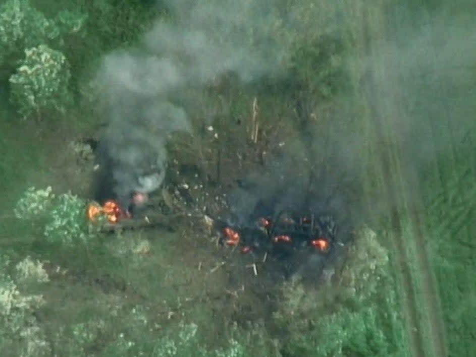 A drone image released by Freedom of Russia Legion, which opposes the Russian regime, shows what they claim is a destruction of Russian military targets near Shebekino (via REUTERS)