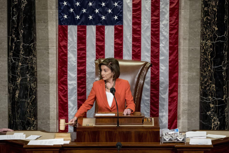 House Speaker Nancy Pelosi, D-Calif., gavels as the House votes 232-196 to pass a resolution on impeachment procedure to move forward into the next phase of the impeachment inquiry into President Donald Trump in the House Chamber on Capitol Hill in Washington, Thursday, Oct. 31, 2019. The resolution would authorize the next stage of impeachment inquiry into the president, including establishing the format for open hearings, giving the House Committee on the Judiciary the final recommendation on impeachment, and allowing Trump and his lawyers to attend events and question witnesses. (AP Photo/Andrew Harnik)