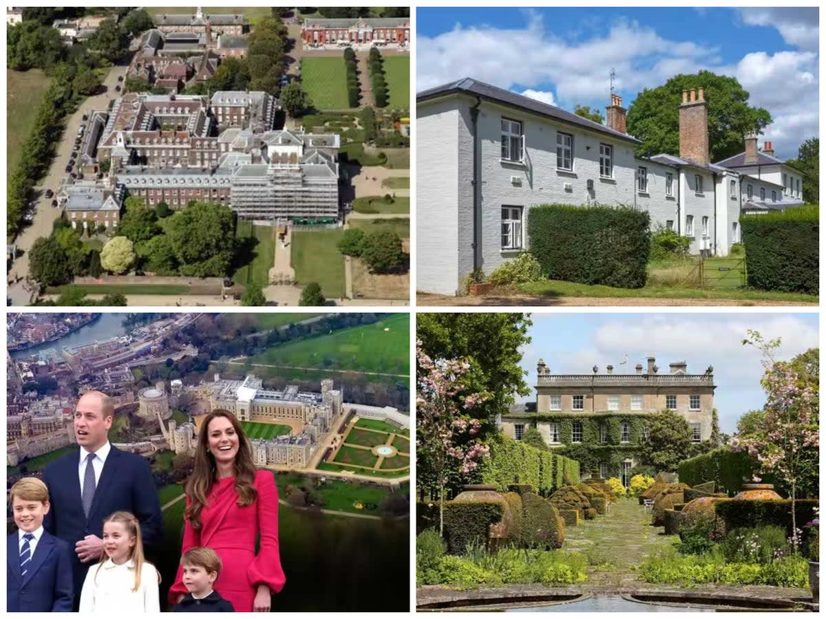 Clockwise from top left: Kensington Palace, Frogmore Cottage, Highgrove House, Windsor Estate  (ES)