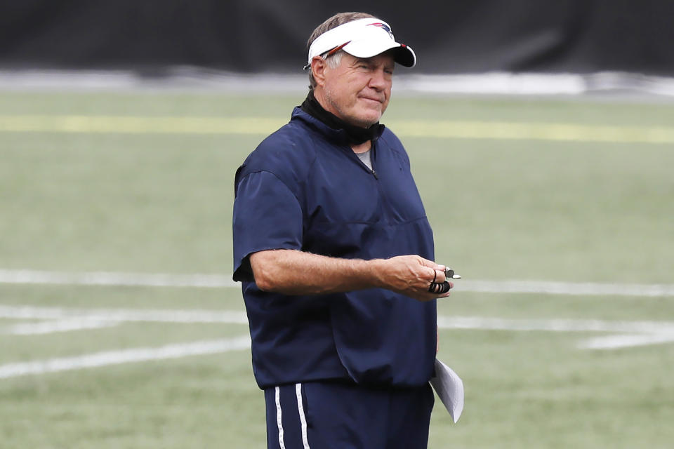 FOXBOROUGH, MASSACHUSETTS - AUGUST 28: Head coach Bill Belichick of the New England Patriots looks on during training camp at Gillette Stadium on August 28, 2020 in Foxborough, Massachusetts. (Photo by Michael Dwyer-Pool/Getty Images)