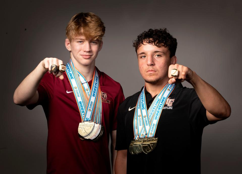 Lake Gibson's Elijah Lowe, left, and Gianni Maldonado are The Ledger's co-wrestlers of the year.