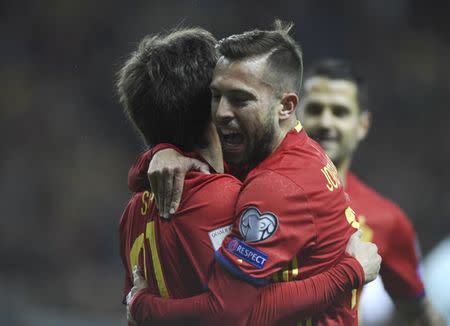 Football Soccer - Spain v Israel - 2018 World Cup Qualifying European Zone - Group G - El Molinon Stadium, Gijon, Spain, 24/3/17 Spain's Jordi Alba (R) congratulates David Silva after scoring first goal. REUTERS/Eloy Alonso