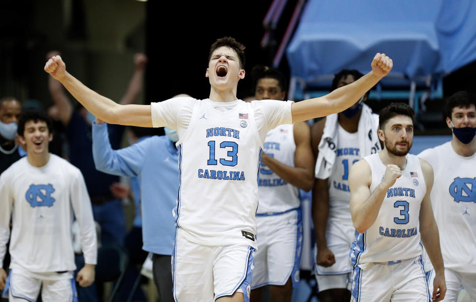 North Carolina's Walker Kessler reacts as time expires during their game against Florida State on Feb. 27. (Grant Halverson/Getty Images)