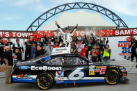 LAS VEGAS, NV - MARCH 10: Ricky Stenhouse Jr., driver of the #6 Ford EcoBoost Ford, celebrates in Victory Lane after winning the NASCAR Nationwide Series Sam's Town 300 at Las Vegas Motor Speedway on March 10, 2012 in Las Vegas, Nevada. (Photo by Jerry Markland/Getty Images for NASCAR)