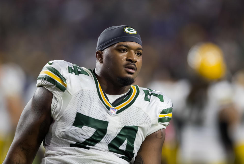 Oct 28, 2021; Glendale, Arizona, USA; Green Bay Packers guard Elgton Jenkins (74) against the Arizona Cardinals at State Farm Stadium. Mandatory Credit: Mark J. Rebilas-USA TODAY Sports